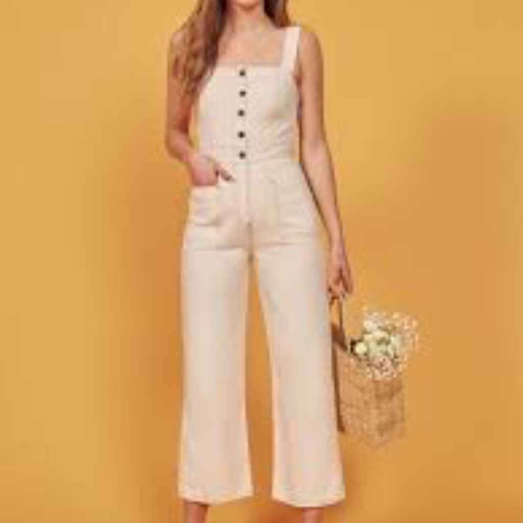 Reformation Cream Button-Front Wide-Leg Jumpsuit Overalls